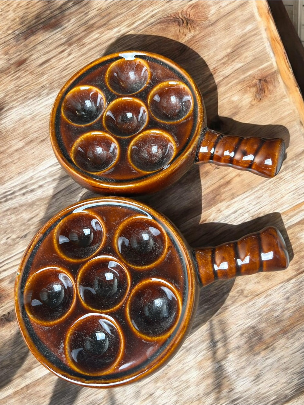 Vintage Korea Brown Ceramic Escargot Dishes Set of 2